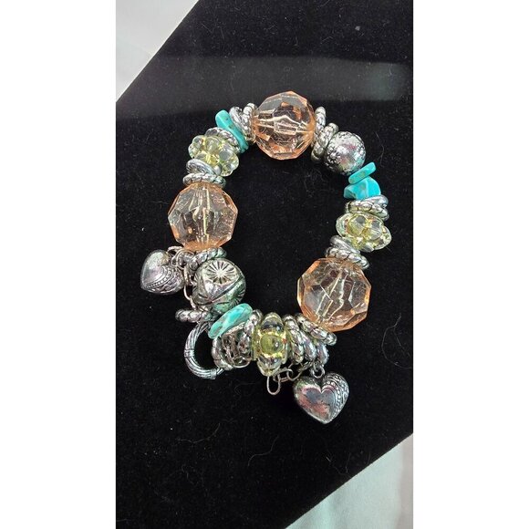 Chunky Silver Tone Glass & Turquoise Colored Chip Stretch Bracelet Bundle Boho - Picture 2 of 3